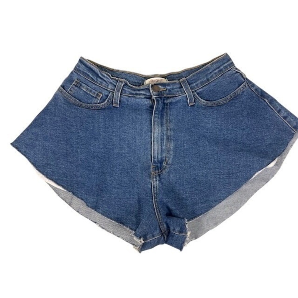 Vibrant MIU Women High Waisted Flared Denim Shorts Medium Wash‎ Raw Hem Size L